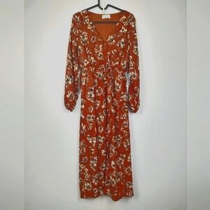 Kaileigh Women's Long Sleeve Brown White Flower Pattern Dress Size SP